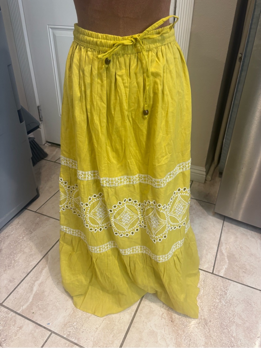 Yellow Embroidered Maxi Skirt with Drawstring Waist
